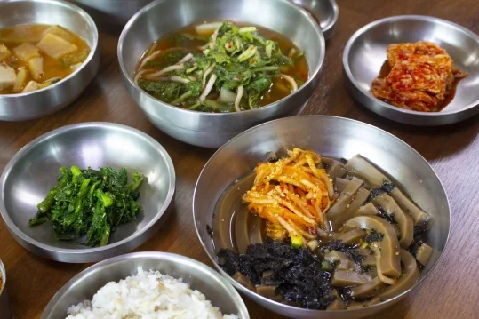비스듬히 본 도토리묵밥 한 상 — 묵 사발과 보리밥, 찌개, 반찬